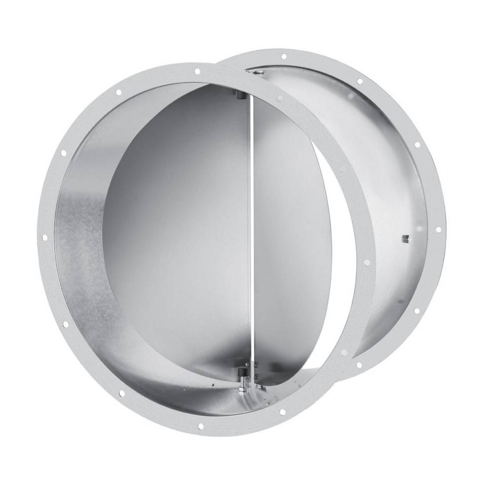 Zwei kreisförmige silberne Metall-HVAC-Luftkanaldämpfer oder Lüftungsöffnungen mit Schraubenlöchern, gezeigt in offener Position auf weißem Hintergrund.