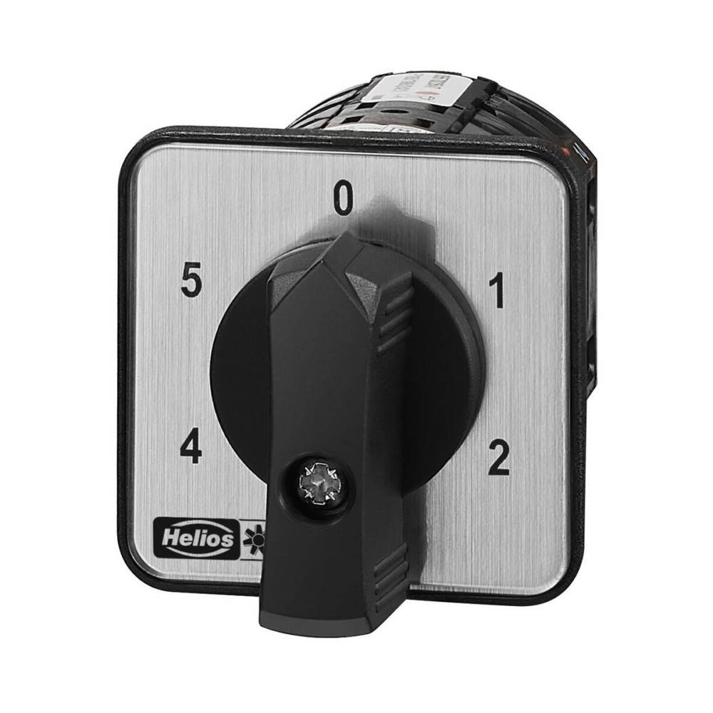 Ein quadratischer, metallischer Schalter mit einem schwarzen Drehknopf; nummeriert von 0 bis 5. Das Markenlogo 'Helios' ist links unten sichtbar.