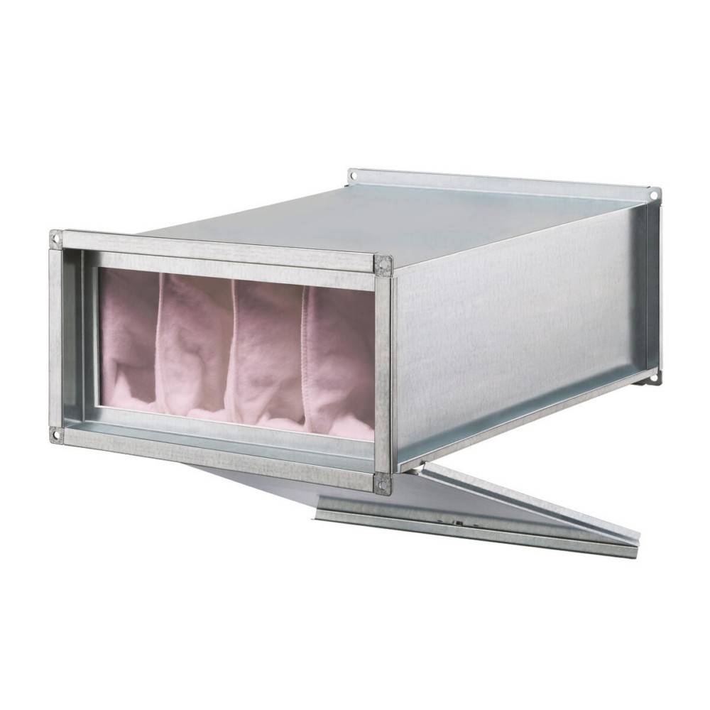 Metallische HVAC-Kanal mit rosa Filtermaterial im Inneren, dargestellt auf weißem Hintergrund.