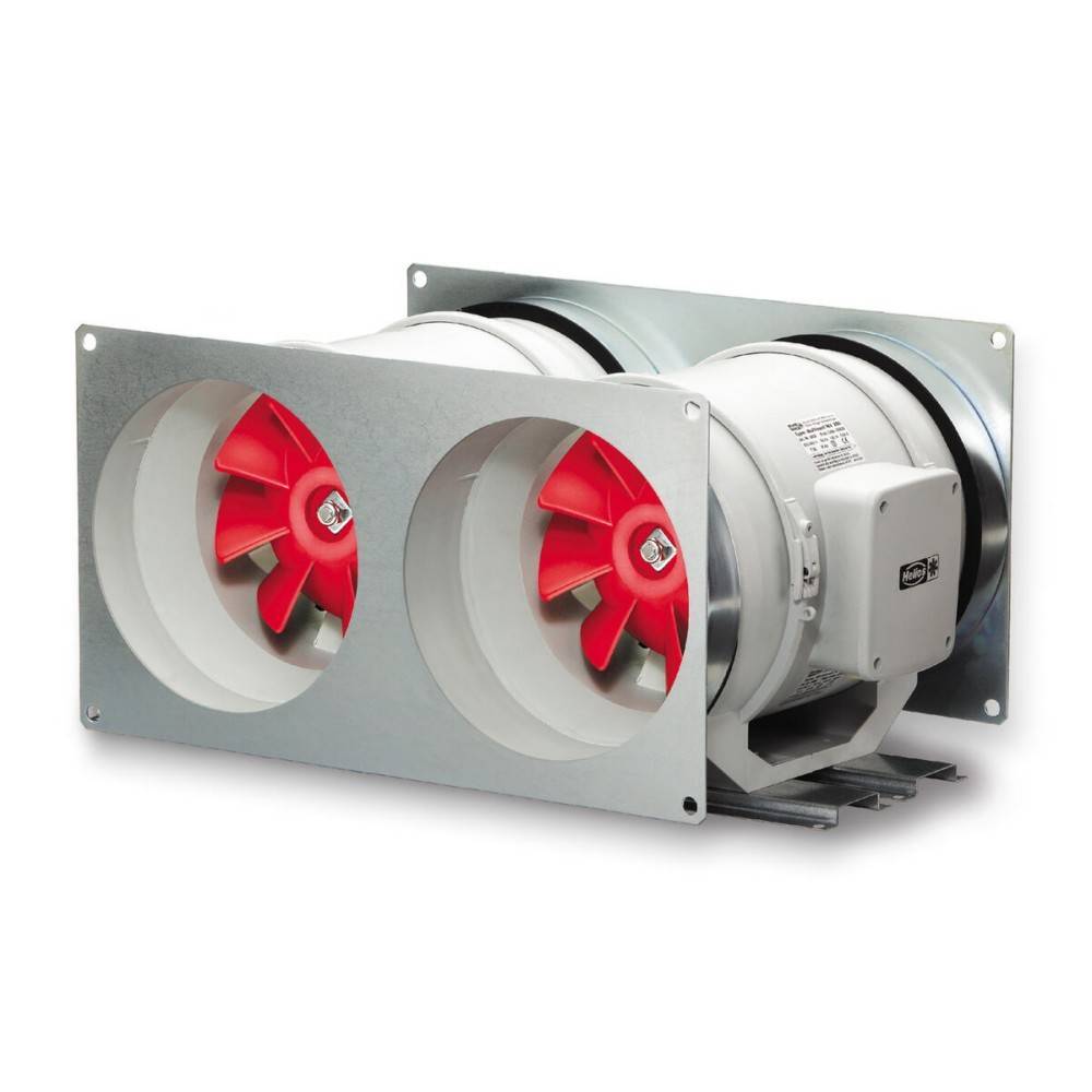 Ein Inline-Rohrventilator mit roten Flügeln, eingehaust in einem zylindrischen Gehäuse, konzipiert für effiziente Luftzirkulation in Belüftungssystemen.