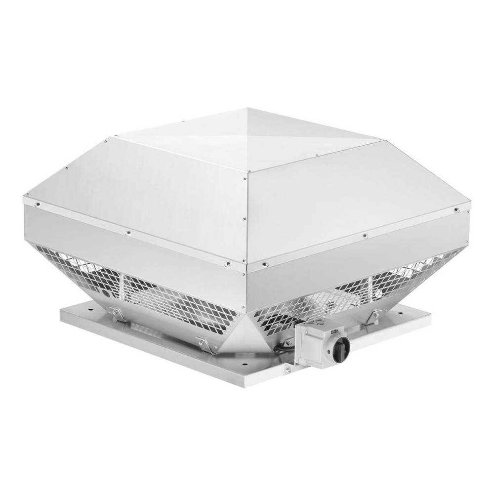Dachmontierter quadratischer Lüftungsventilator mit Schutzgitter, konzipiert für industrielle oder gewerbliche Anwendungen, in weißer Ausführung.