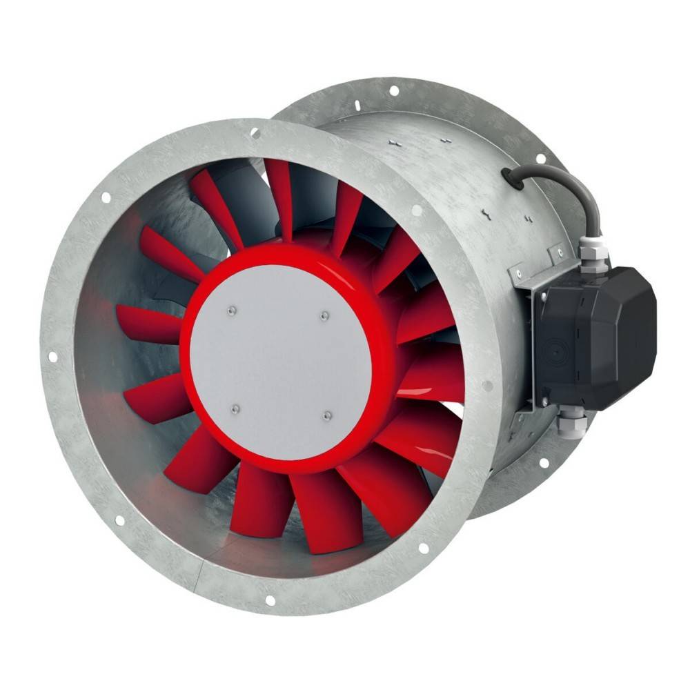 Ein zylindrischer, metallischer Axialventilator mit roten Rotorblättern und einem angeschlossenen schwarzen Motor, der typischerweise in industriellen Belüftungssystemen eingesetzt wird.