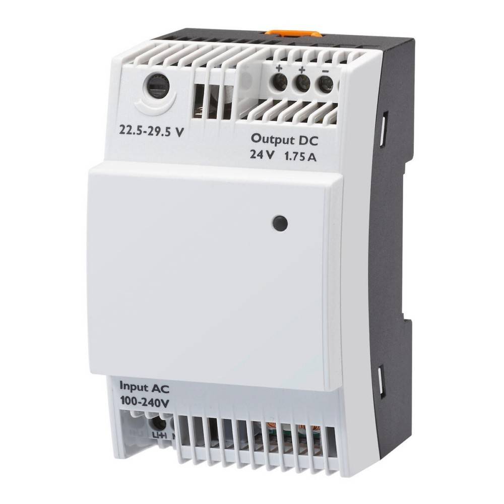 Netzteil mit Anzeige für Eingangswechselspannung 100-240V und Ausgangsspannung Gleichstrom 24V 1,75A; weiße Gehäuse mit Kontrollknöpfen und Anschlüssen.
