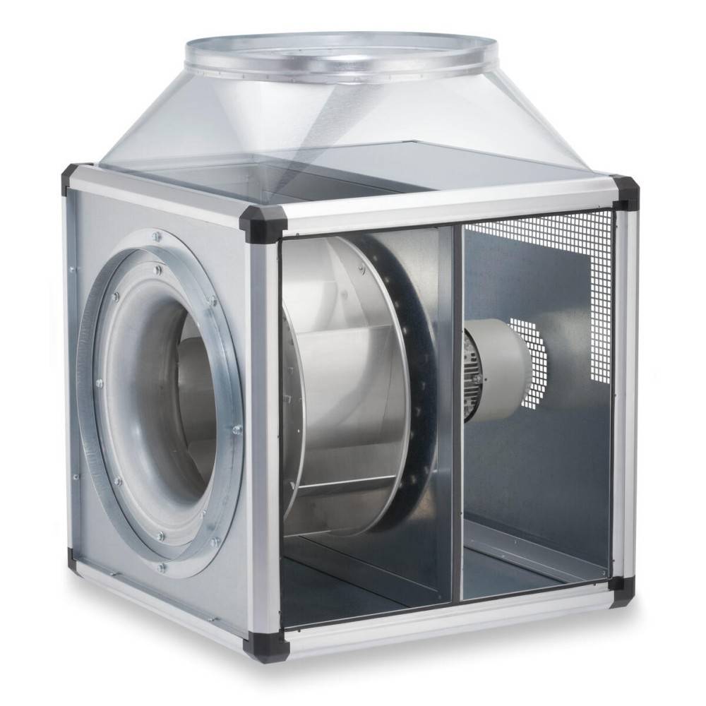 Lüftungsgerät mit transparentem Design, das den internen Ventilationsmechanismus offenlegt. Quadratischer Rahmen und runde Rohrverbindung sind sichtbar.