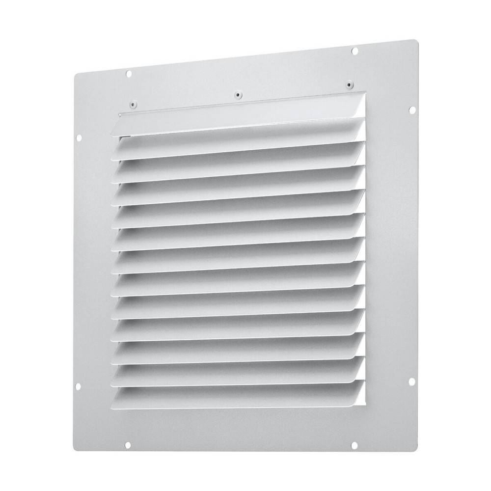 Ein weißes quadratisches Lüftungsgitter mit horizontalen Lamellen und Schraublöchern an den Ecken, konzipiert für Wand- oder Deckeninstallation.