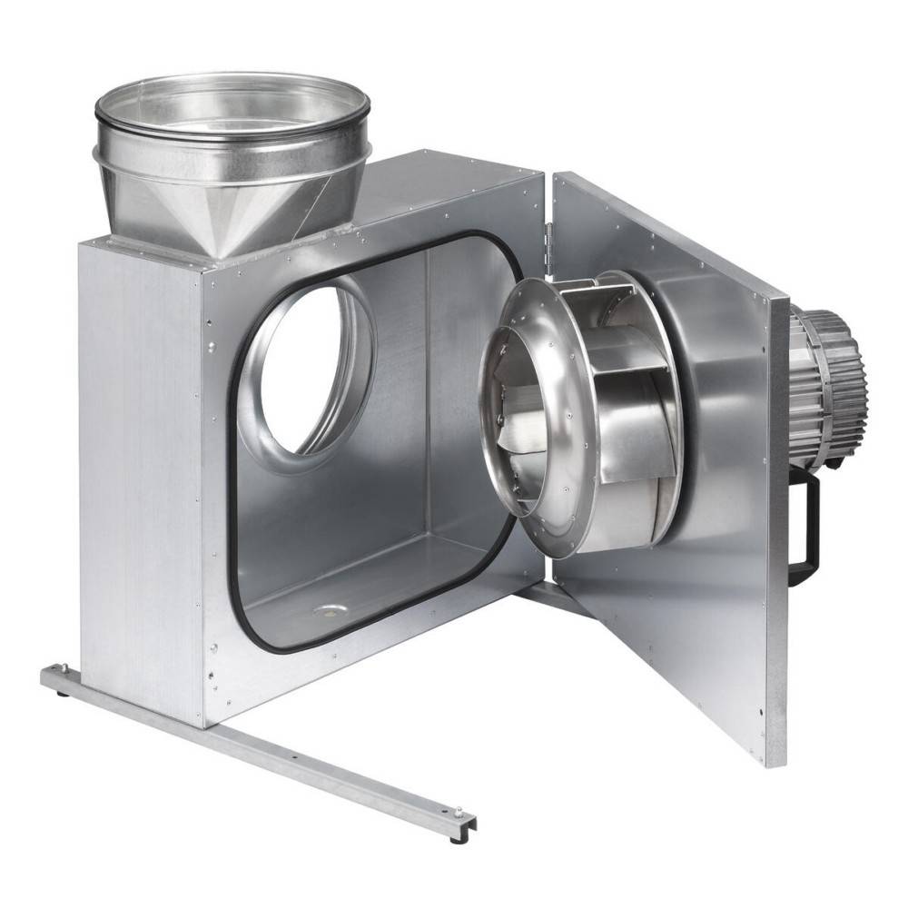 Querschnitt einer industriellen Metallbelüftungseinheit mit Darstellung eines internen Lüfters und Motors, der deren Design und Komponenten veranschaulicht.