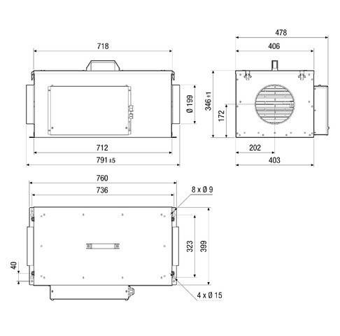 Technische Zeichnung eines rechteckigen Gehäuses mit Abmessungen in Millimetern. Zeigt Vorder-, Seiten- und Draufsicht mit Maßangaben und Belüftungsdetails.