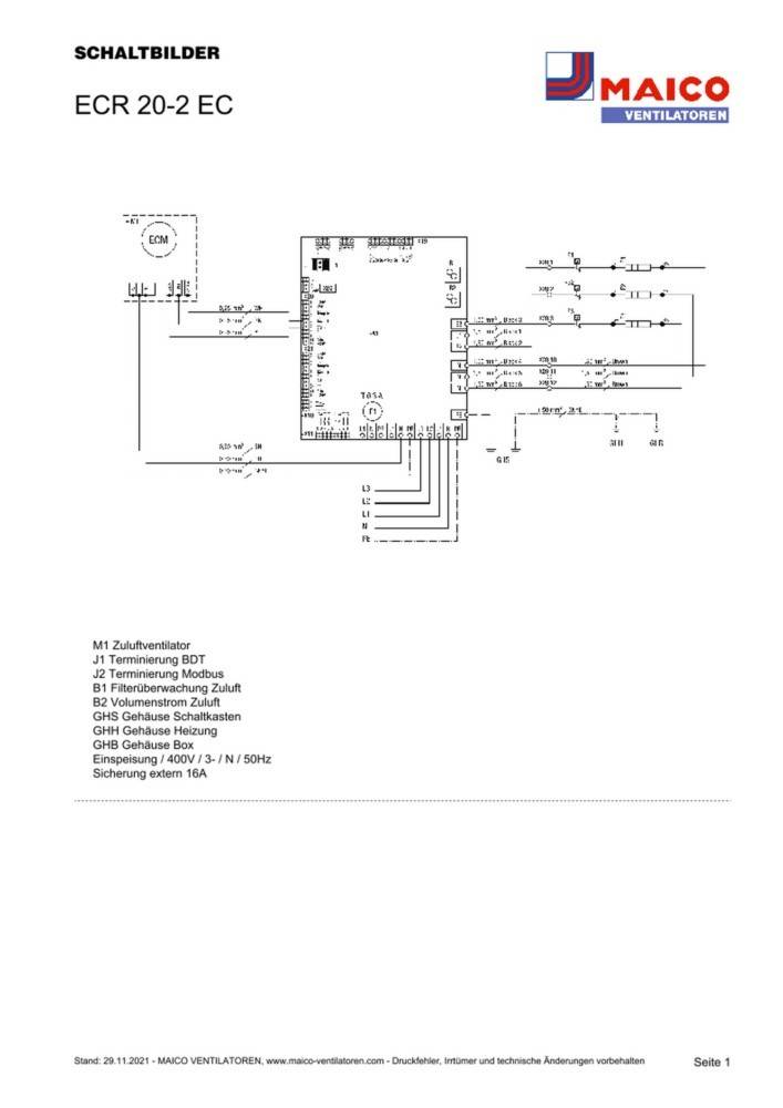 Schematische Darstellung der elektrischen Verbindungen für ein Gerät, von M1 bis J3 beschriftet, mit Angabe von Stromversorgung und Steuerungskomponenten.