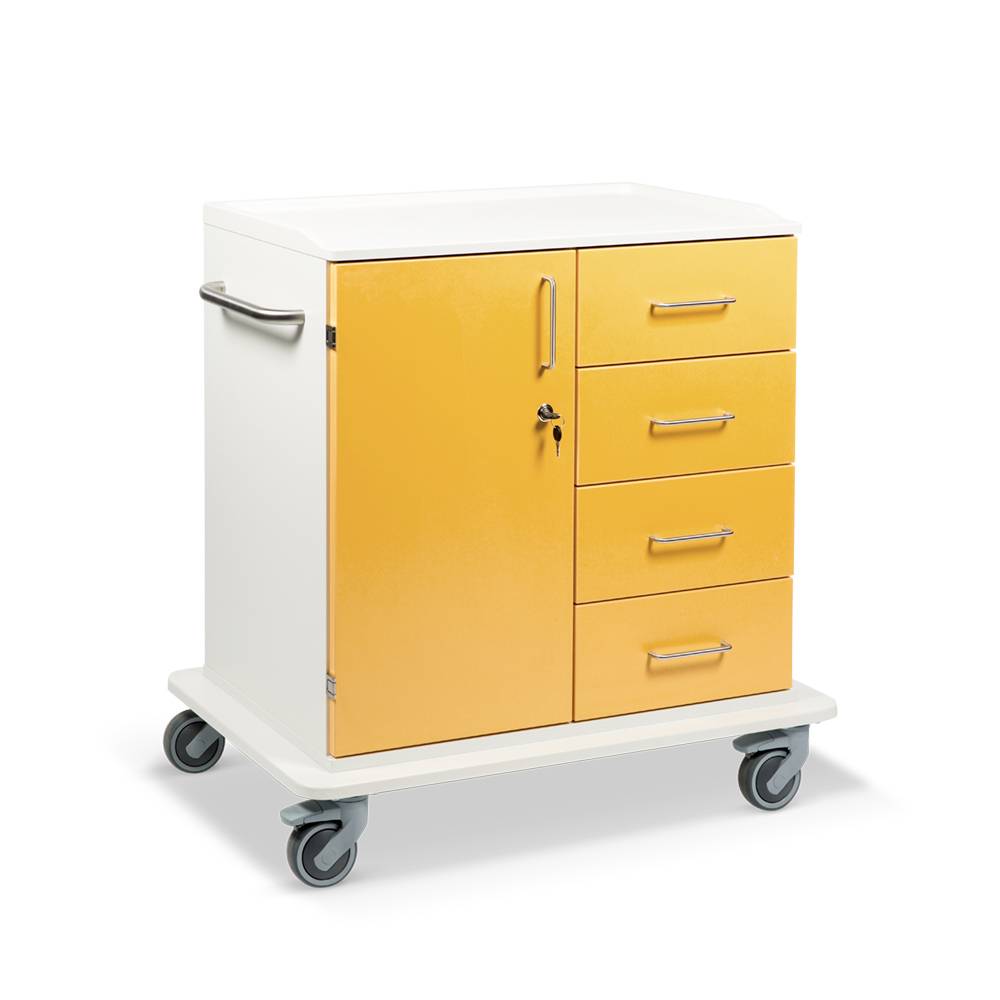 ETERNASOLID MULTICART Multifunktionswagen T22 mit einer Drehtür links, 4 Schubladen rechts und Schiebegriff, gelb