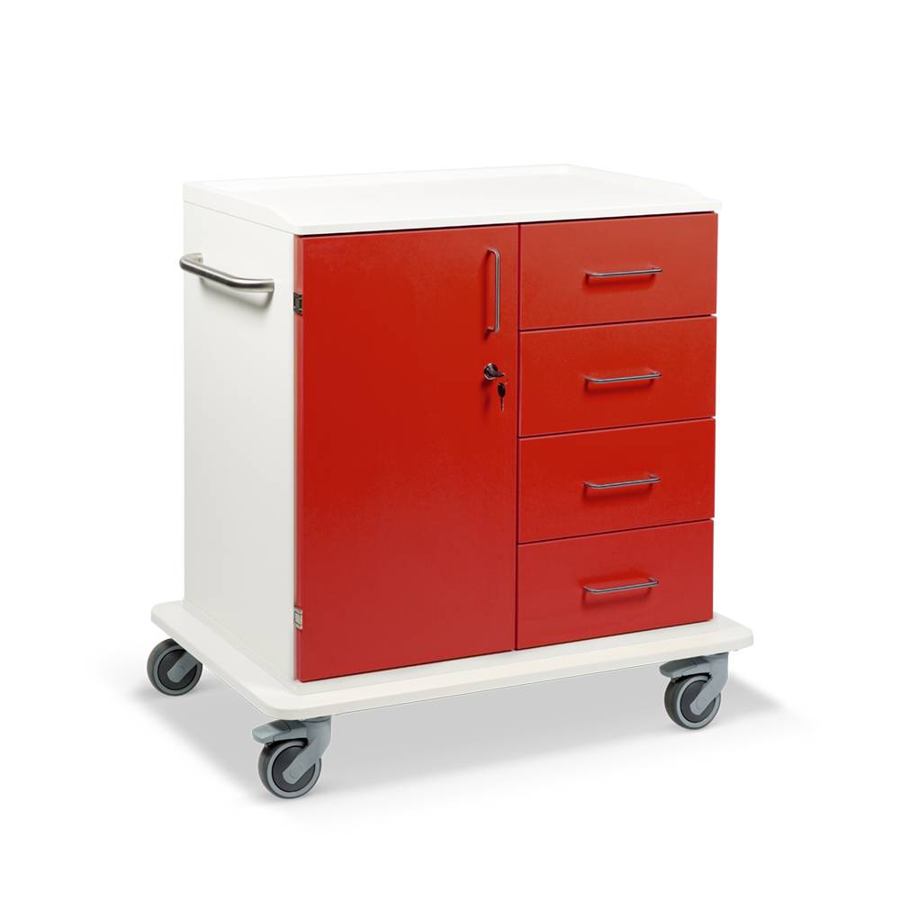ETERNASOLID MULTICART Multifunktionswagen T22 mit einer Drehtür links, 4 Schubladen rechts und Schiebegriff, rot