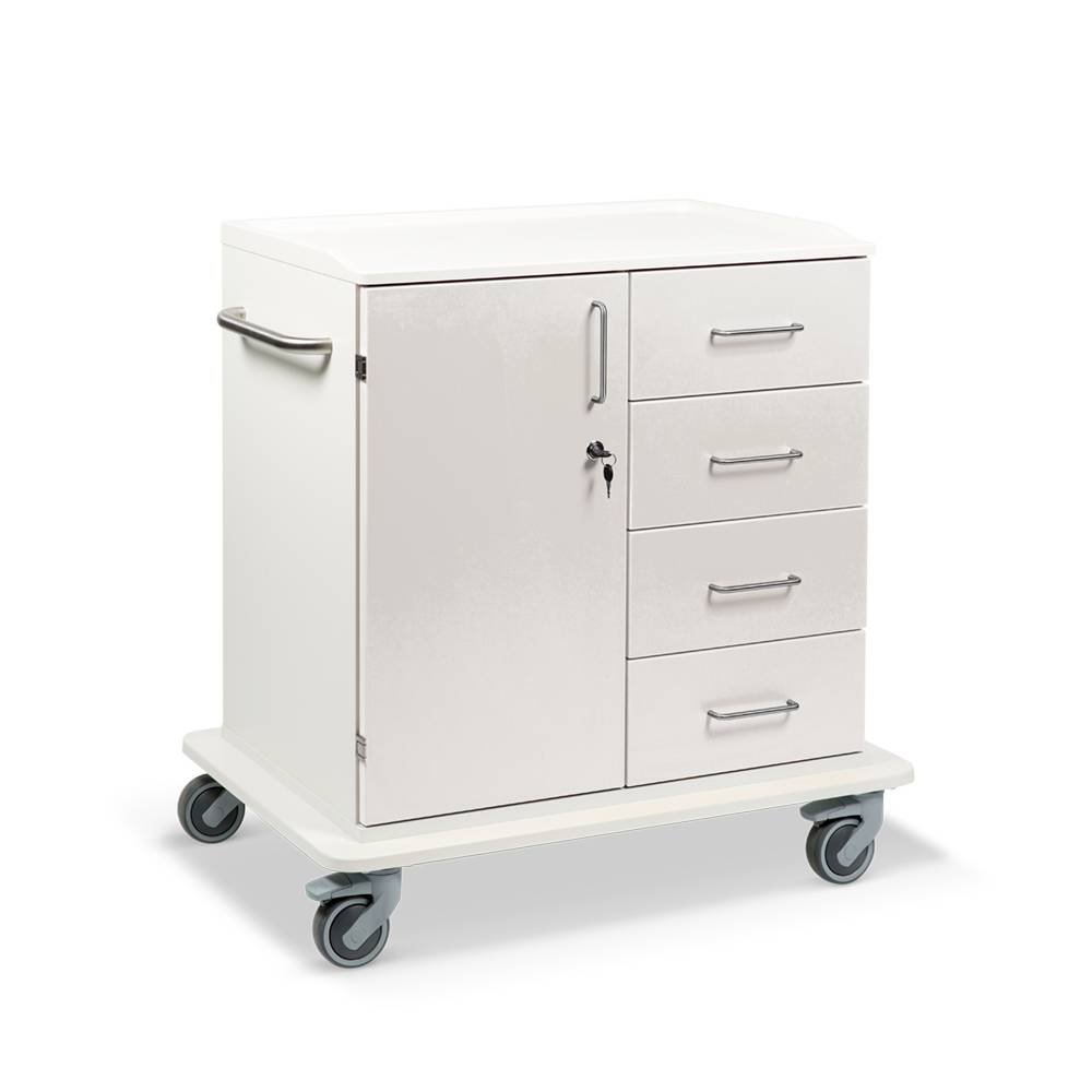 ETERNASOLID MULTICART Multifunktionswagen T22 mit einer Drehtür links, 4 Schubladen rechts und Schiebegriff, weiß