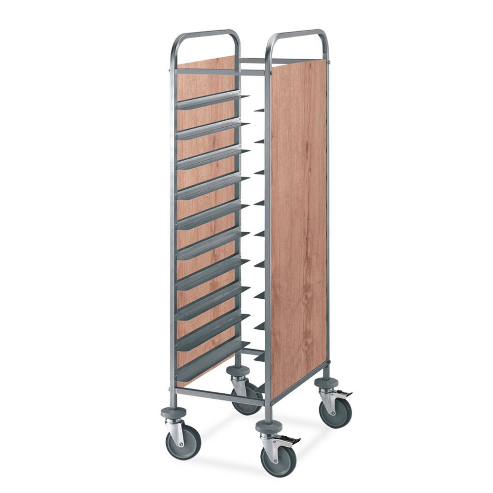 ETERNASOLID Tablettwagen für 10 EN-Tabletts, L-Auflagen, 2 Seitenwände, Eiche