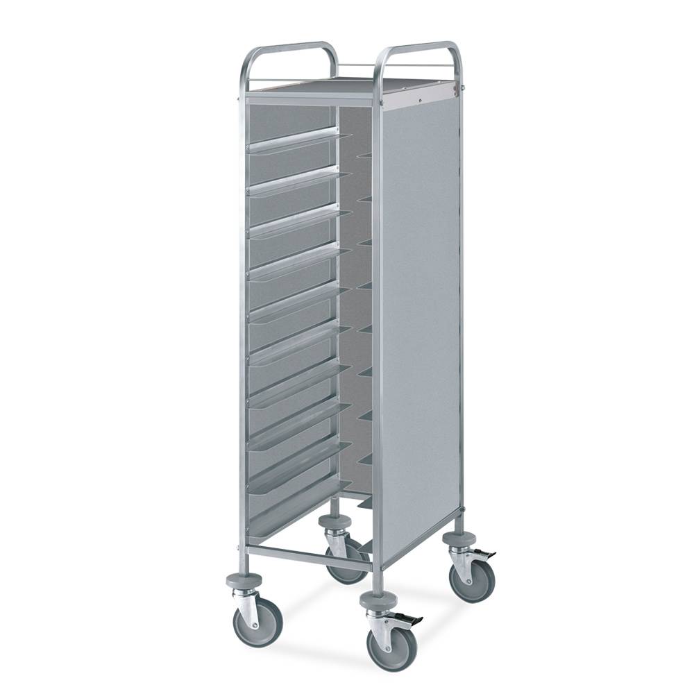 ETERNASOLID Tablettwagen für 10 GN-Tabletts, L-Auflagen, 2 Seitenwände, Rückwand und Oberplatte, Edelstahl