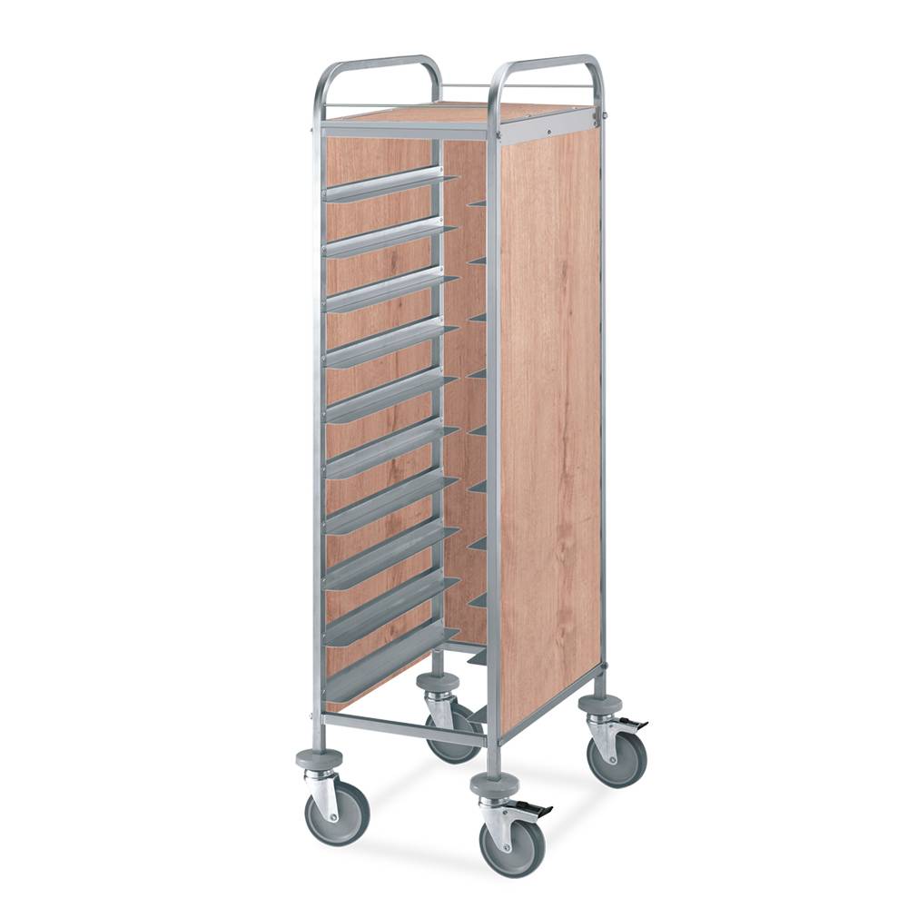 ETERNASOLID Tablettwagen für 12 EN-Tabletts, L-Auflagen, 2 Seitenwände, Rückwand und Oberplatte, Eiche