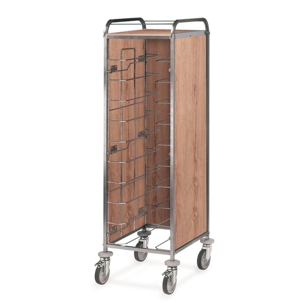 ETERNASOLID Tablettwagen für 10 Tabletts, Universal-Bügel, 2 Seitenwände, Rückwand und Oberplatte, Eiche