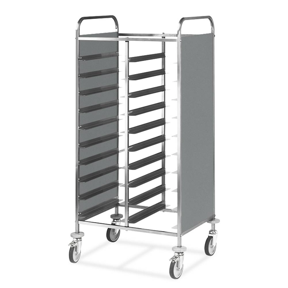 ETERNASOLID Tablettwagen für 20 EN-Tabletts, L-Auflagen, 2 Seitenwände, Edelstahl