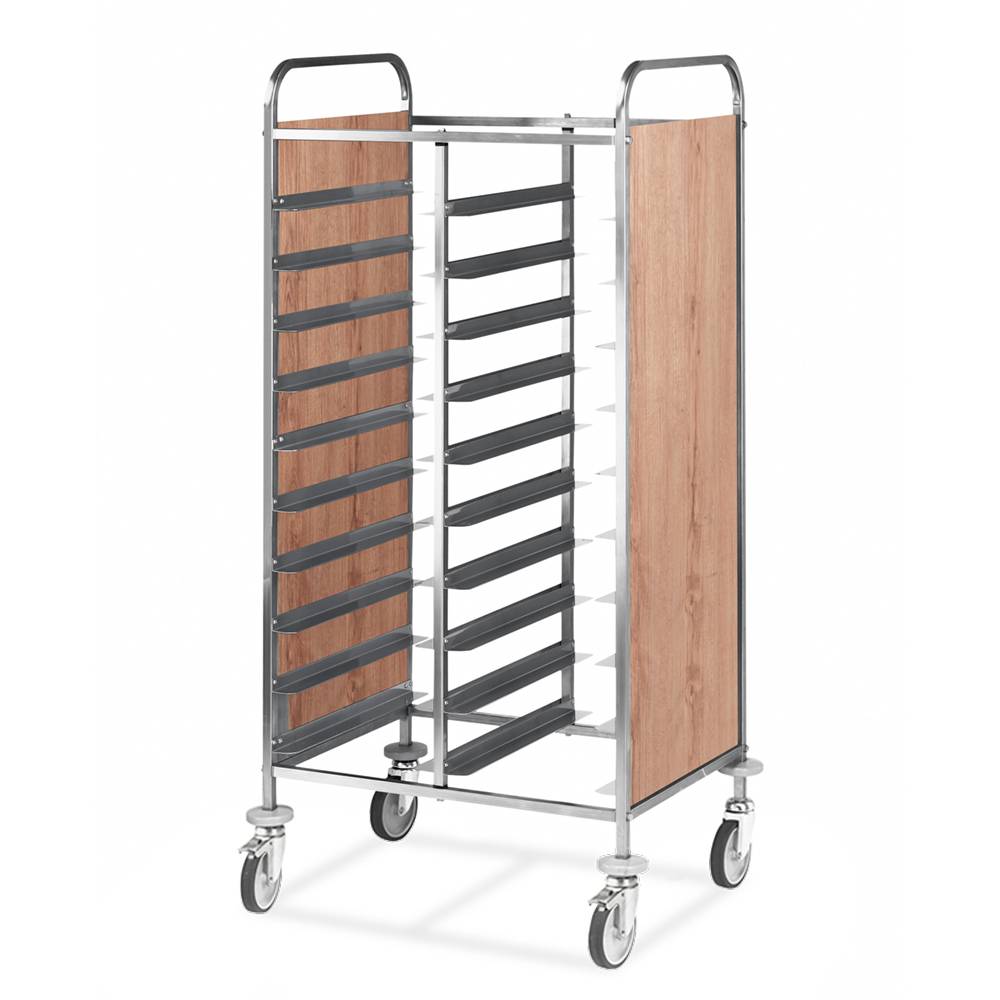 ETERNASOLID Tablettwagen für 24 EN-Tabletts, L-Auflagen, 2 Seitenwände, Eiche