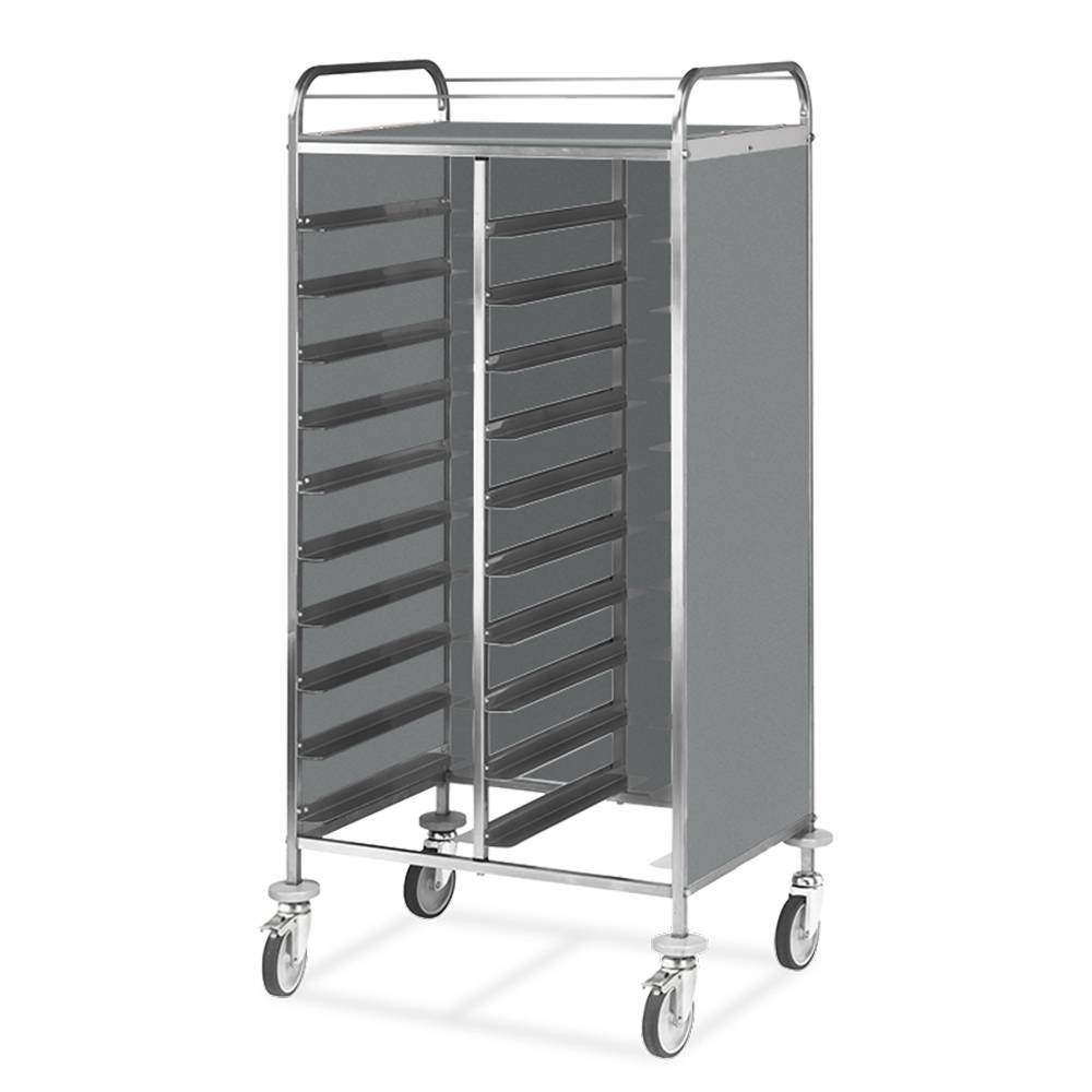 ETERNASOLID Tablettwagen für 24 EN-Tabletts, L-Auflagen, 2 Seitenwände, Rückwand und Oberplatte, Edelstahl