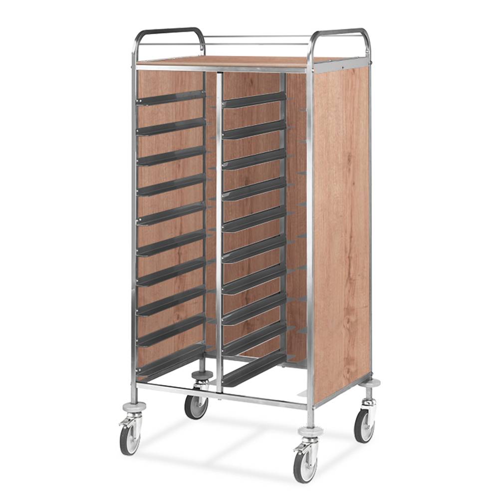 ETERNASOLID Tablettwagen für 24 GN-Tabletts, L-Auflagen, 2 Seitenwände, Rückwand und Oberplatte, Eiche