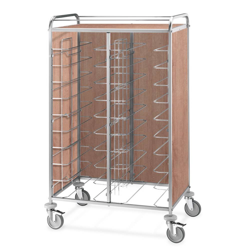 ETERNASOLID Tablettwagen für 24 Tabletts, Universal-Bügel, 2 Seitenwände, Rückwand und Oberplatte, Eiche