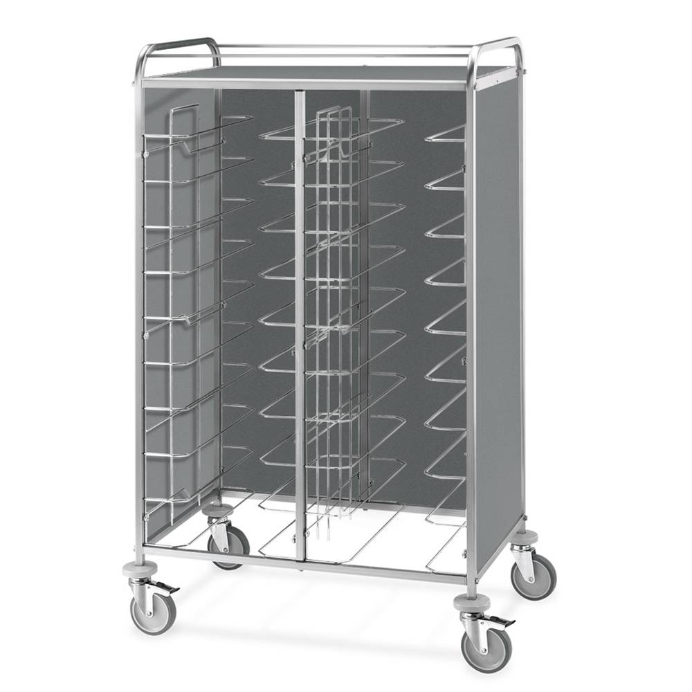 ETERNASOLID Tablettwagen für 20 Tabletts, Universal-Bügel, 2 Seitenwände, Rückwand und Oberplatte, Edelstahl