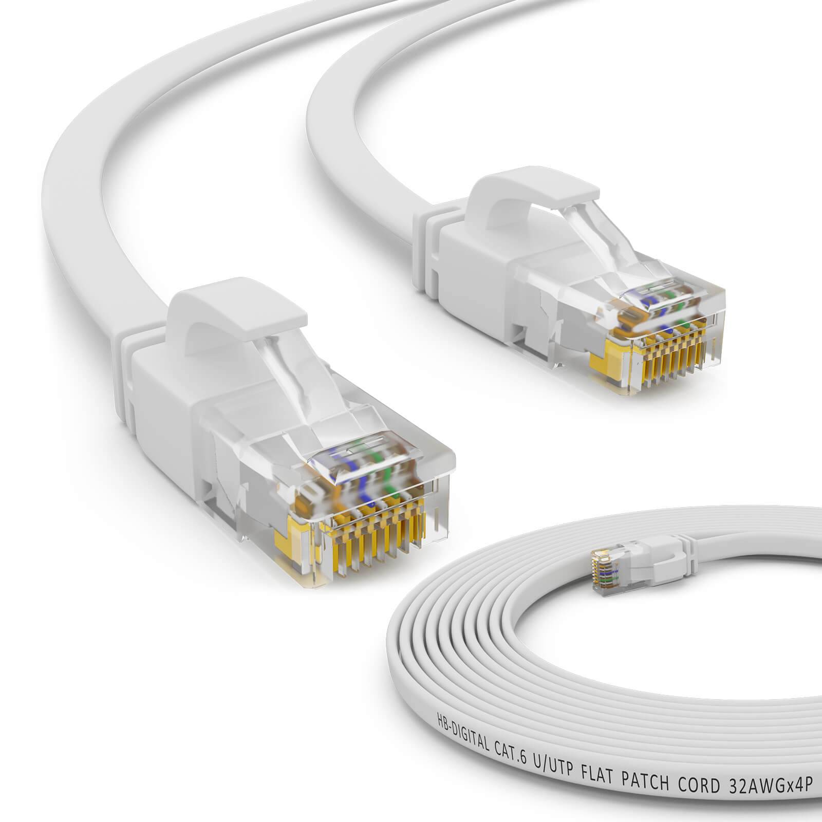 hb-digital 10m Patch Kabel CAT 6 Flachkabel bis zu 1000Mbit/s, U/UTP, PVC Mantel flach weiß