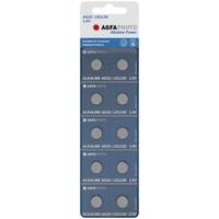 Blisterpackung mit AFA Photo Alkaline-Knopfzellen, mit acht silbernen Münzzellen, die in vier Paaren angeordnet sind.