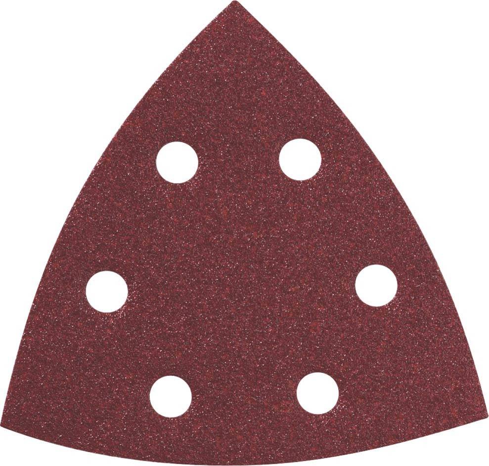 Dreiecksförmiger Schleifpad mit sechs kreisrunden Löchern, verwendet zum Schleifen und Glätten von Oberflächen bei Holz- oder Metallbearbeitungsprojekten.
