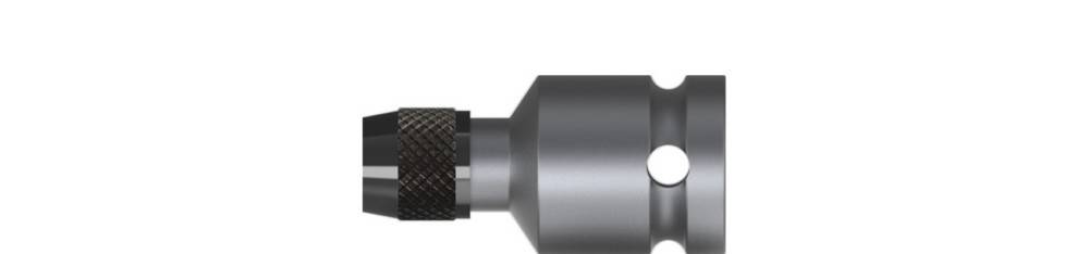 Nahaufnahme eines Metallwerkzeugspanners oder Adapters mit gerilltem Griff und kreisförmigen Seitenlöchern auf weißem Hintergrund.