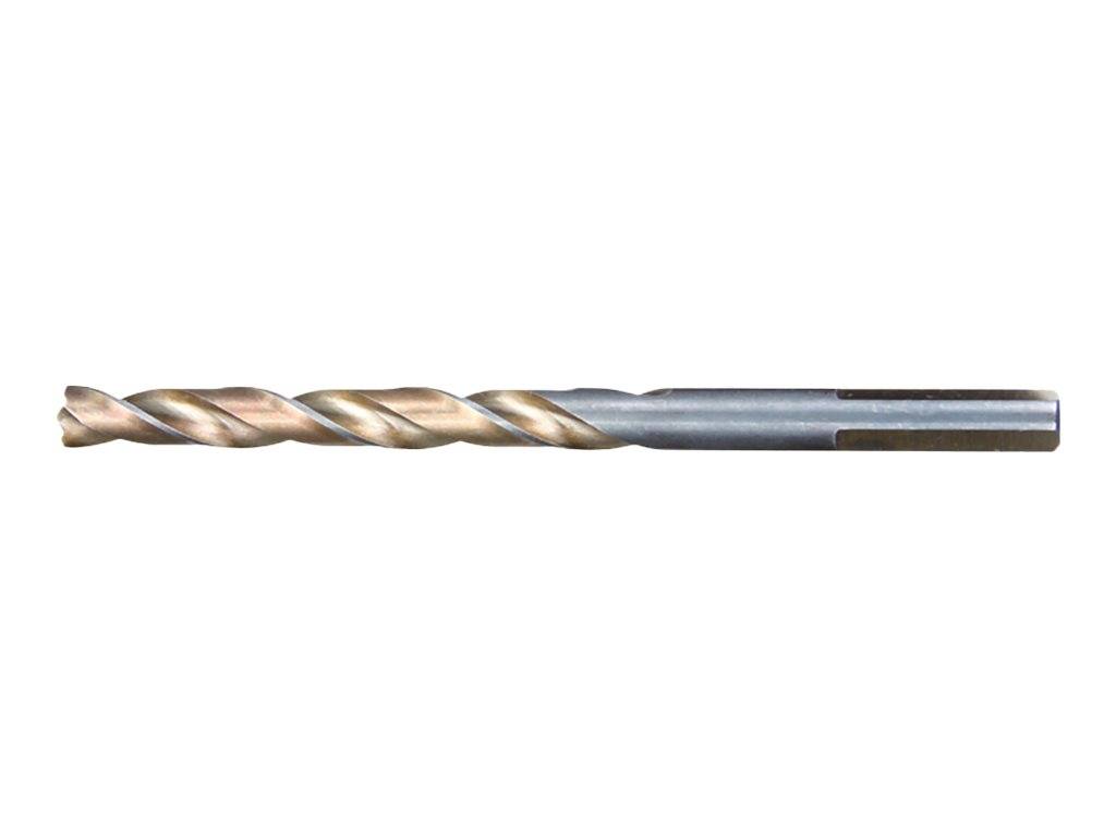 Ein Metallbohrer mit Spiralnut und spitzer Spitze auf weißem Hintergrund.