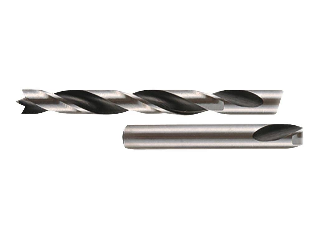 Zwei Metallbohrer auf weißem Hintergrund, oben ein langer Spiralbohrer und unten ein kürzeres Stirnfräser.