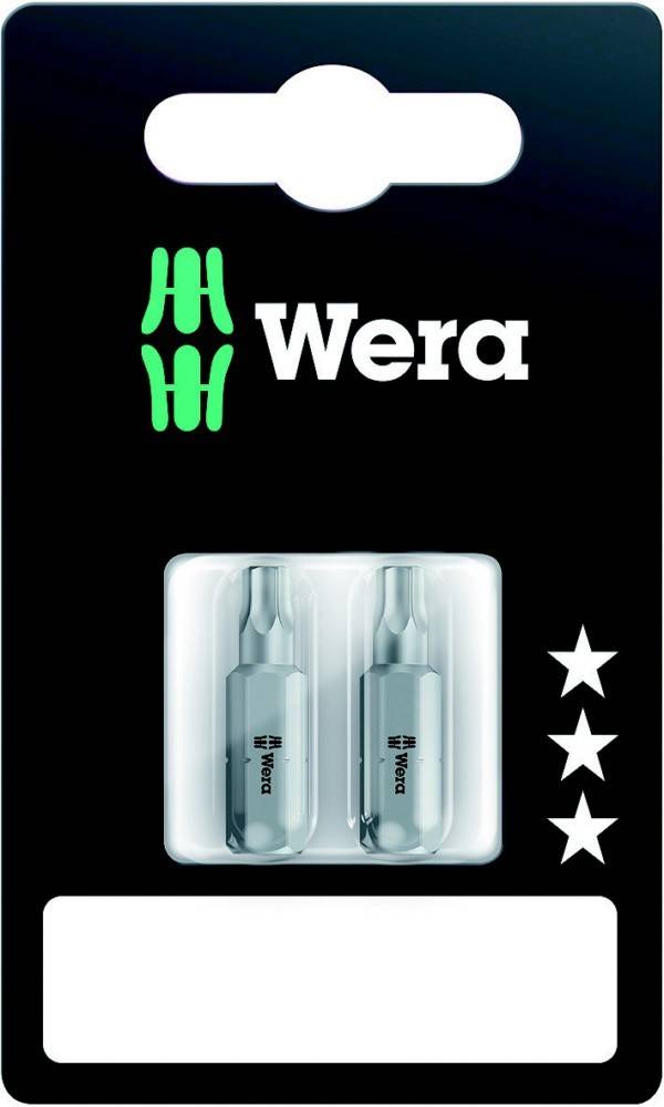 Wera-Blisterpackung mit zwei Schraubendreherbits und einem leeren weißen Etikettierungsbereich auf einer schwarzen Karte, mit drei weißen Sternen auf der rechten Seite.