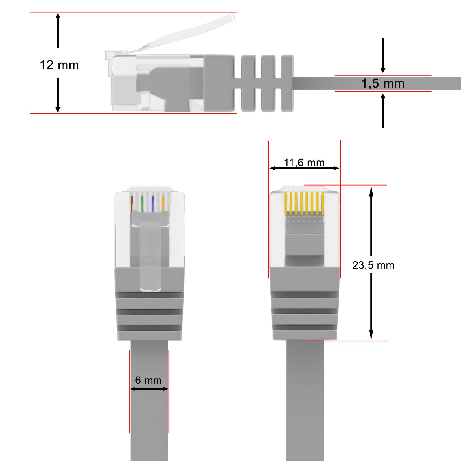 hb-digital 3m Patch Kabel CAT 6 Flachkabel bis zu 1000Mbit/s, U/UTP, PVC Mantel flach grau