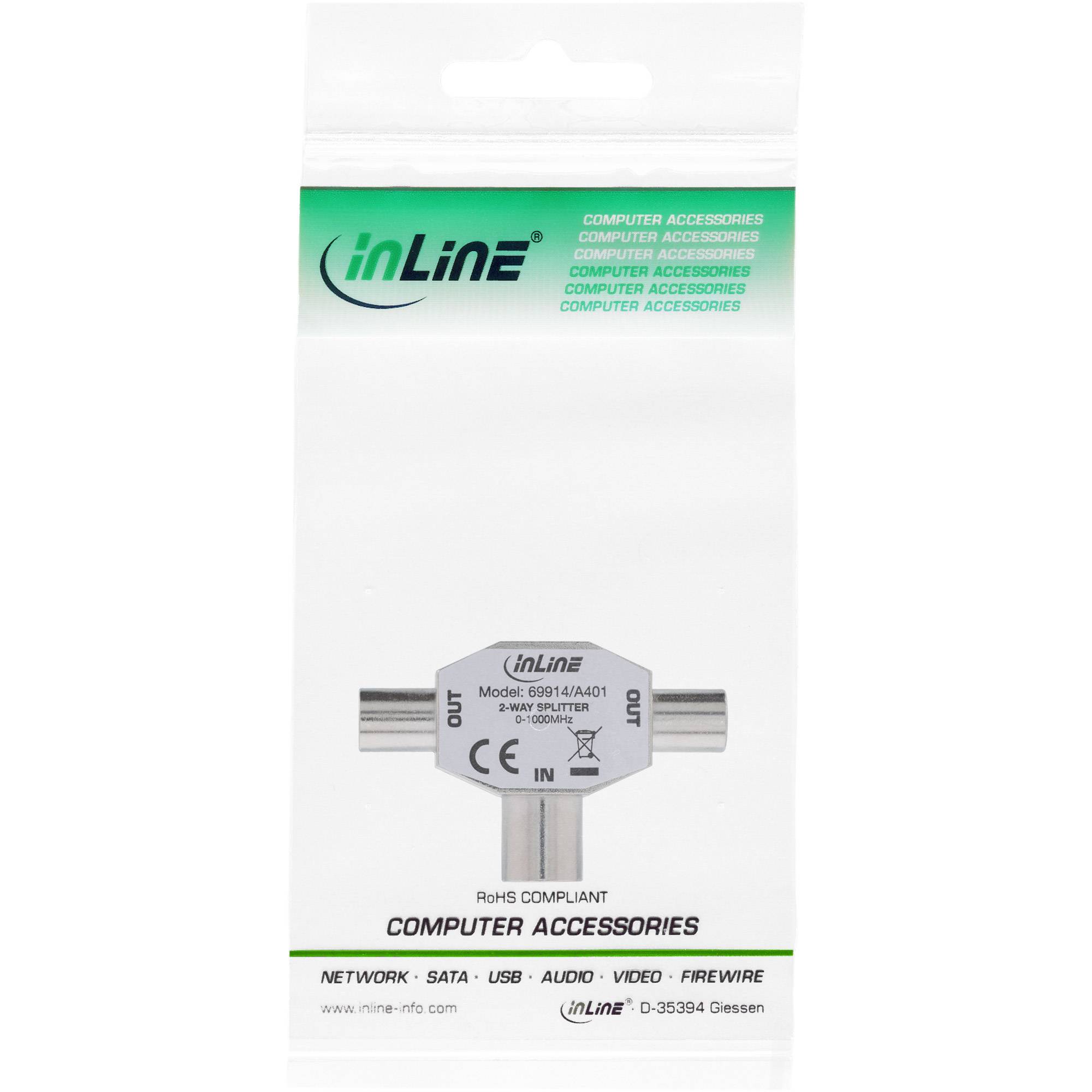 INLINE - Antenne T-Verteiler für TV - 1x Koax Buchse an 2x Koax Stecker
