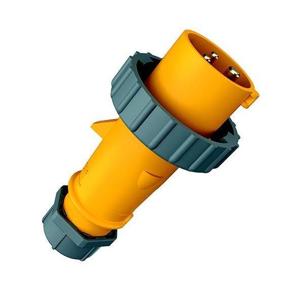Ein gelber industrieller Stecker mit einem grauen Kragen und drei Stiften, konzipiert für robuste elektrische Verbindungen.