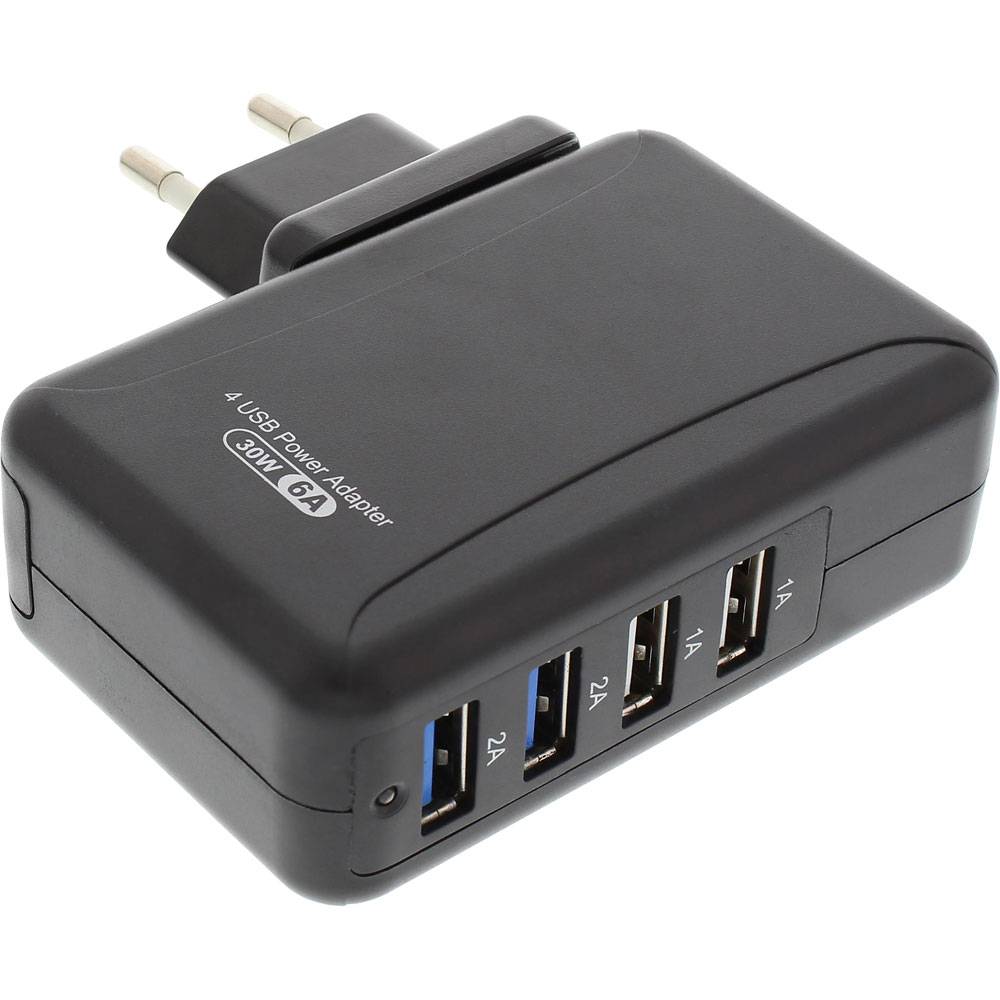 Ein schwarzer 4-Port-USB-Wandladegerät mit Beschriftungen, die unterschiedliche Leistungsausgaben (1A, 2A) für jeden Anschluss angeben. Stecker geeignet für europäische Steckdosen.