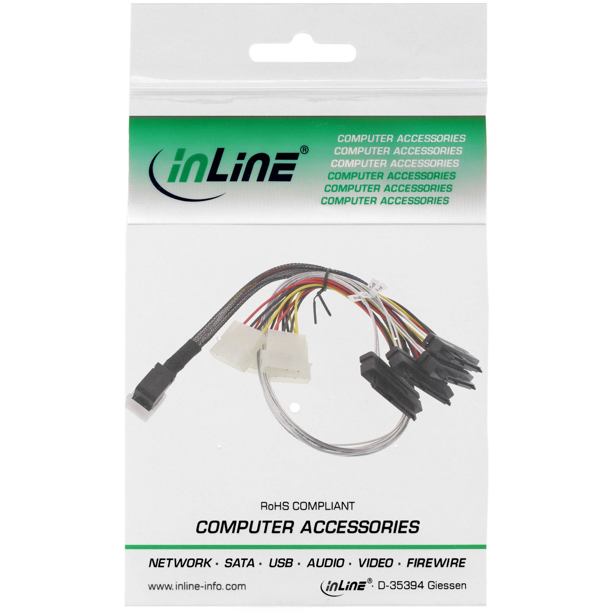 INLINE - Mini SAS HD Kabel - SFF-8643 gewinkelt zu 4x SFF-8482 + Strom - 0,5m