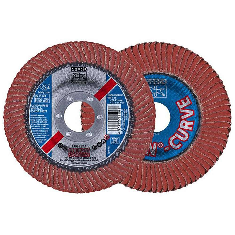 Fächerschleifscheibe - PFERD POLIFAN® - für NE-Metalle - radiale Ausführung - Bezeichnung PFR 115 A 40 SGP-CURVE L ALU/22,23 - Maße (D x T x H) 1