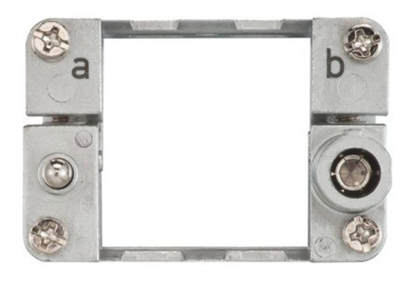 Metallrahmen mit Beschriftung a und b an den Seiten, kleine Schrauben an jeder Seite vorhanden.