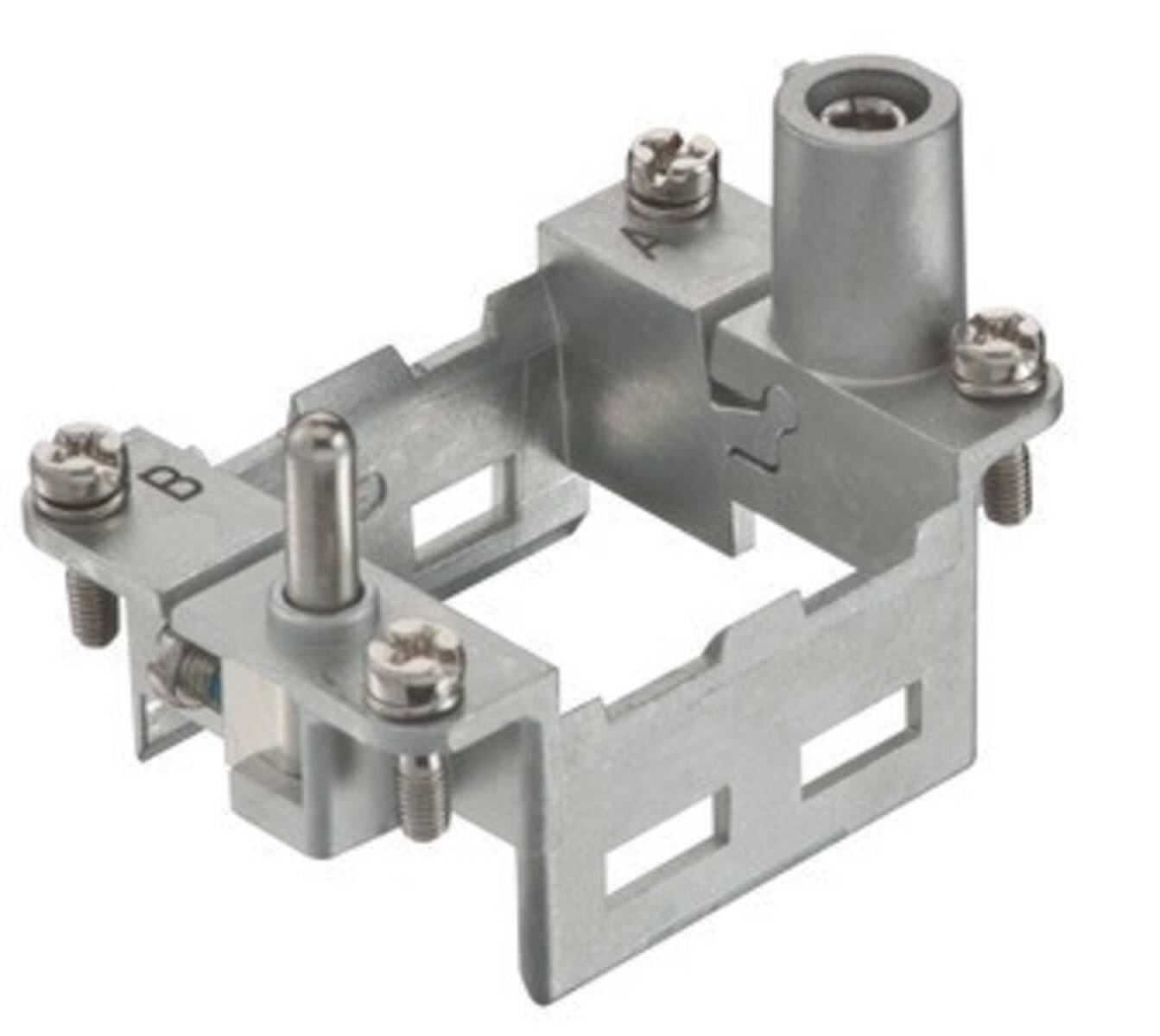 Metallbefestigungshalterung mit Schrauben, mit den Kennzeichnungen 'A' und 'B', mit einem zylindrischen Verbinder.