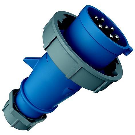 Blauer Industrie-Elektrostecker mit mehreren Stiften und grauem Verriegelungskragen, dargestellt auf weißem Hintergrund.