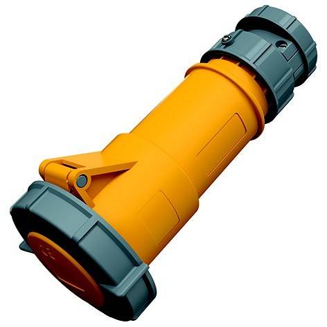 Orange-farbiger Industrierohrverbinder mit dunkelgrauen Endkappen, isoliert auf weißem Hintergrund dargestellt.