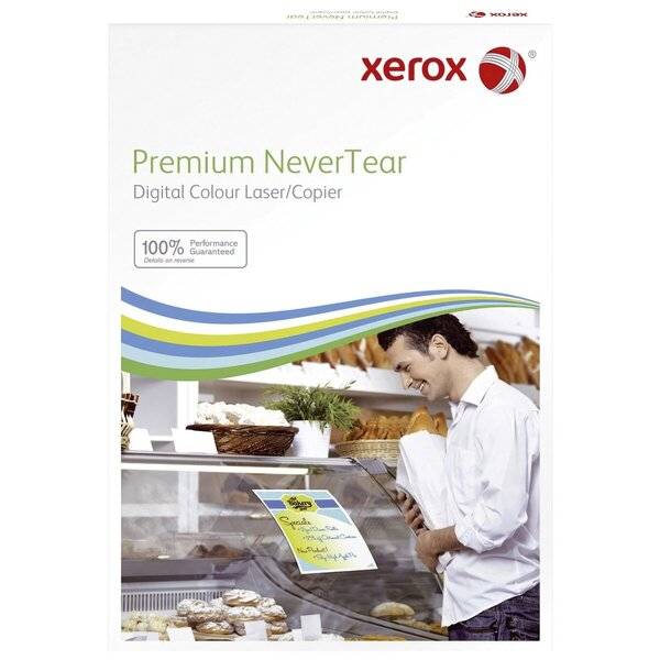 Xerox Premium NeverTear digitales farbiges Laser-/Kopierpapier Packung mit einem Foto eines Bäckereiarbeiters neben einer Vitrine.