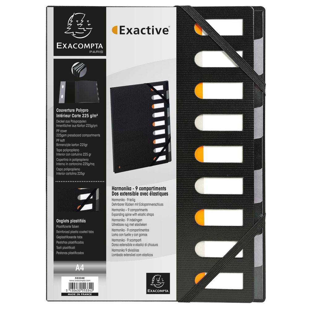 Exacompta 5x Ordnungsmappe Deckel HARMONIKA 9 Fächer Index Schwarz 55334E