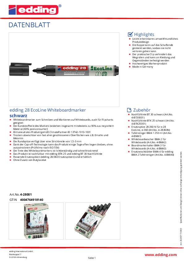 Whiteboardmarker 28 EcoLine schwarz Strich-B.1,5-3mm Rundspitze EDDING