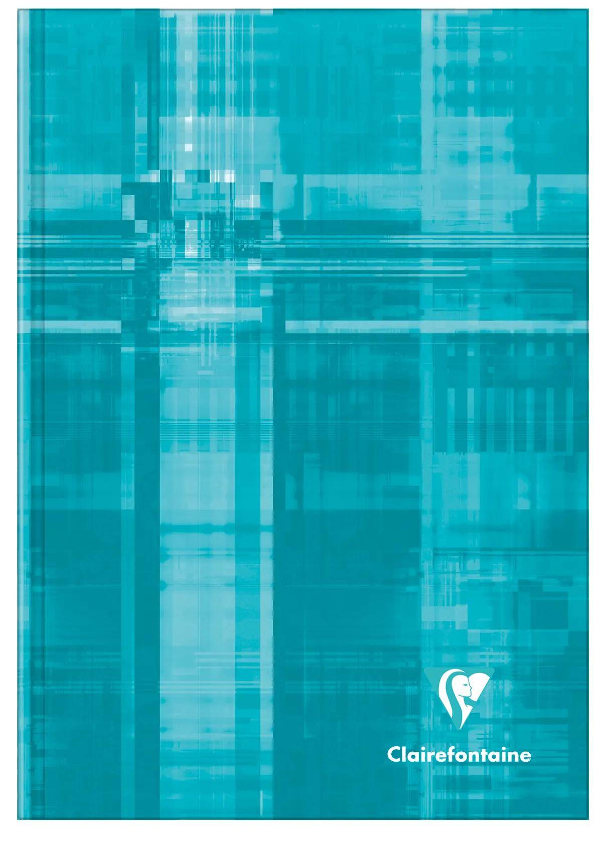 Türkisfarbener Clairefontaine-Notizbucheinband mit abstraktem geometrischen Muster und Logo unten rechts.