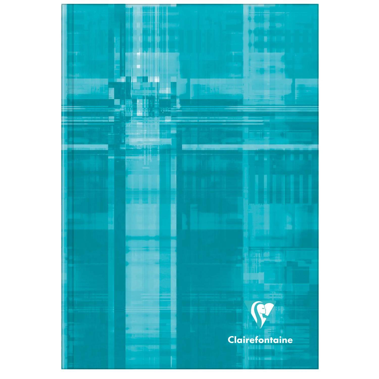 Türkisfarbener Clairefontaine-Notizbucheinband mit einem abstrakten geometrischen Gittermuster und dem Clairefontaine-Logo in der Nähe des unteren Rands.