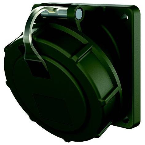 Schwarze quadratische elektrische Wandsteckdose mit dunkelgrüner kreisförmiger Stecker-Abdeckung und aufklappbarer Schutzkappe auf weißem Hintergrund