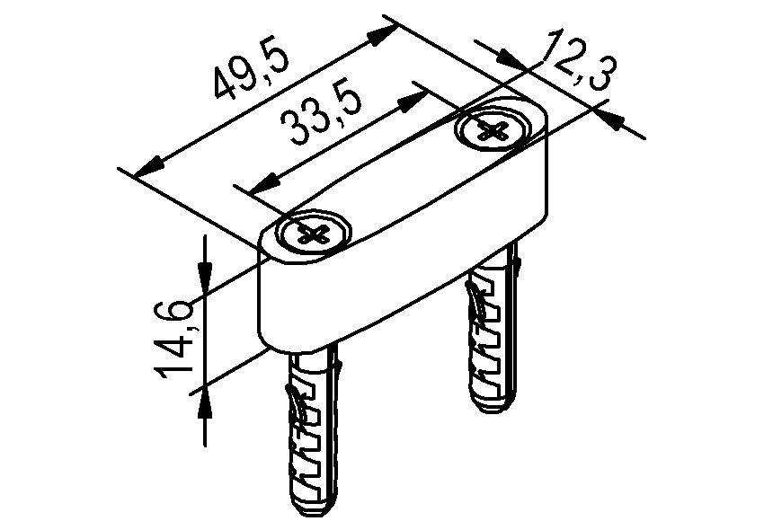 Ein technisches Diagramm zeigt einen zweipoligen elektrischen Stecker mit folgenden Abmessungen: 49,5 mm Länge, 12,3 mm Breite, 14,6 mm Höhe und 33,5 mm Abstand zwischen den Stiften.