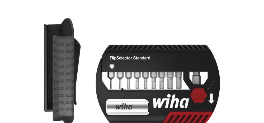 Schwarzer Wiha FlipSelector Standard-Schraubendreher-Bithalter von vorne und von der Seite gezeigt, mit mehreren sichtbaren Bits und einer roten Entriegelungsfalle.